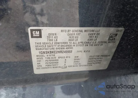 2017 Chevrolet Tahoe K1500 Lt z USA, uszkodzony, nr VIN 1GNSKBKC2HR249968